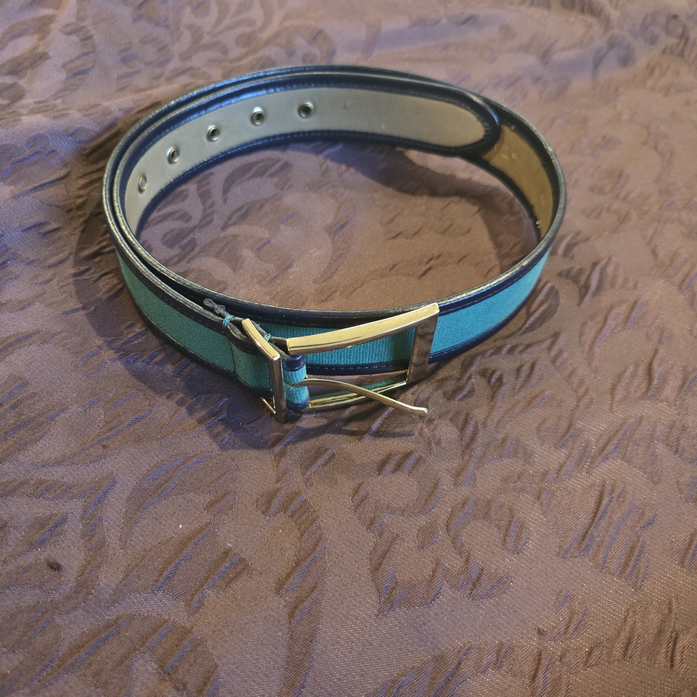 Talbots Women's Belt.  Green/ Black. Gold Buckle Leather Backing. Size xs. 34"